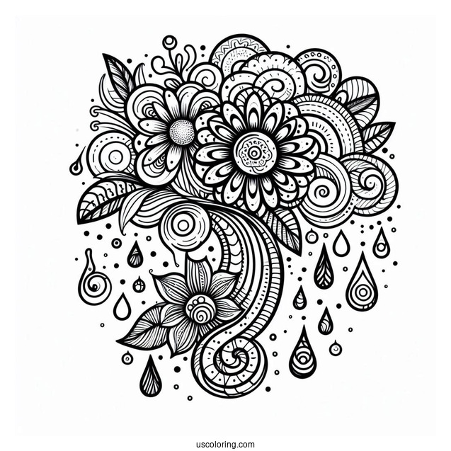 Trippy Rain Coloring Page And Flowers Art