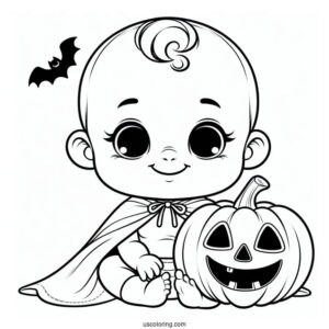 Smiling Baby Coloring Page In a Jack O Lantern Costume