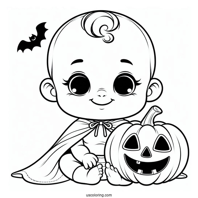 Smiling Baby Coloring Page In a Jack O Lantern Costume