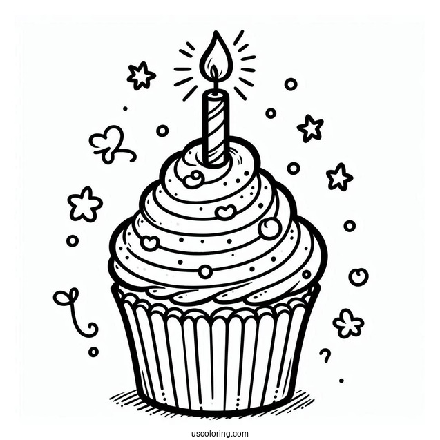 Cupcake With Birthday Candle To Color