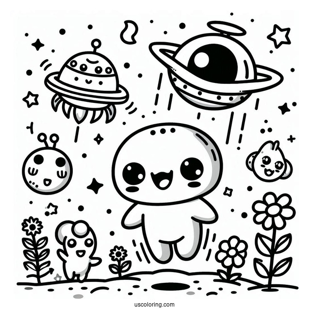 Tamagotchi Coloring Page Of Mametchi, Tomomi, And The Other Extraterrestrials Falling From The Sky