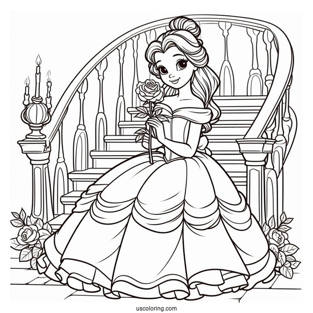 Princess Coloring Page Of Belle Holding Rose On Staircase