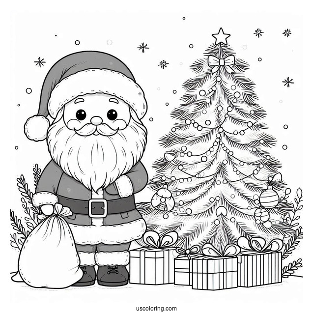 Santa With Sack Of Presents Next To Christmas Tree