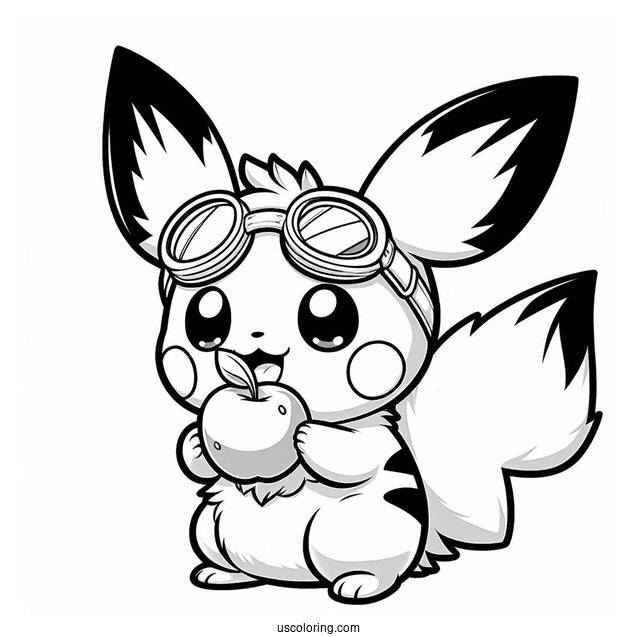 Adorable Pichu Coloring Page Wearing Goggles And Biting An Apple