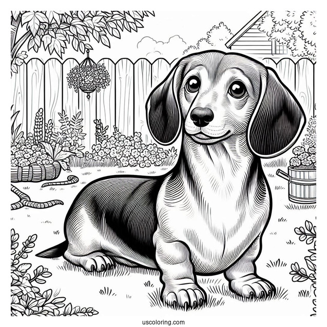 Realistic Dachshund Coloring Page In The Backyard