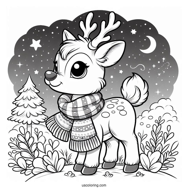 Furry Rudolph Coloring Page Wearing A Scarf Under The Night Sky