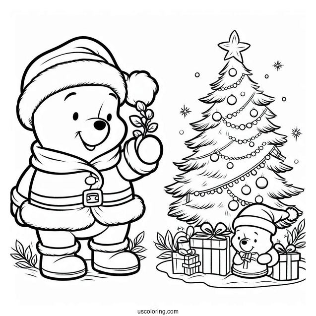 Pooh Dressed As Santa With Christmas Tree