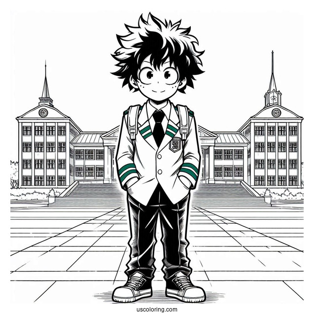 Deku Coloring Page In Front Of UA High School