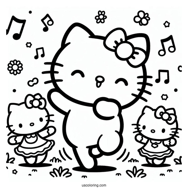 Pochacco Coloring Page Dancing With Hello Kitty