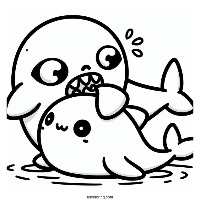 Kawaii Cartoon Shark Play Biting A Sea Lion Coloring Page For Kids