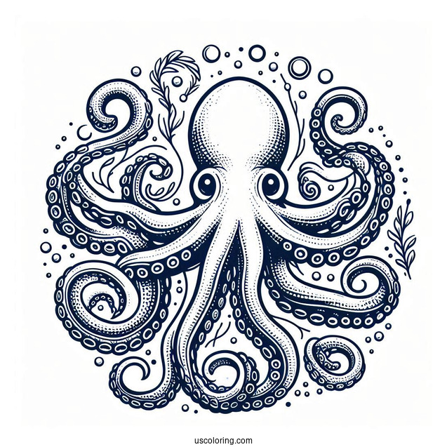 Blue Ring Octopus Coloring Page With Detailed Tentacles In Nautical Background