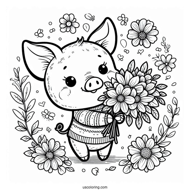 Easy Piglet Coloring Page Holding Flowers For Kids