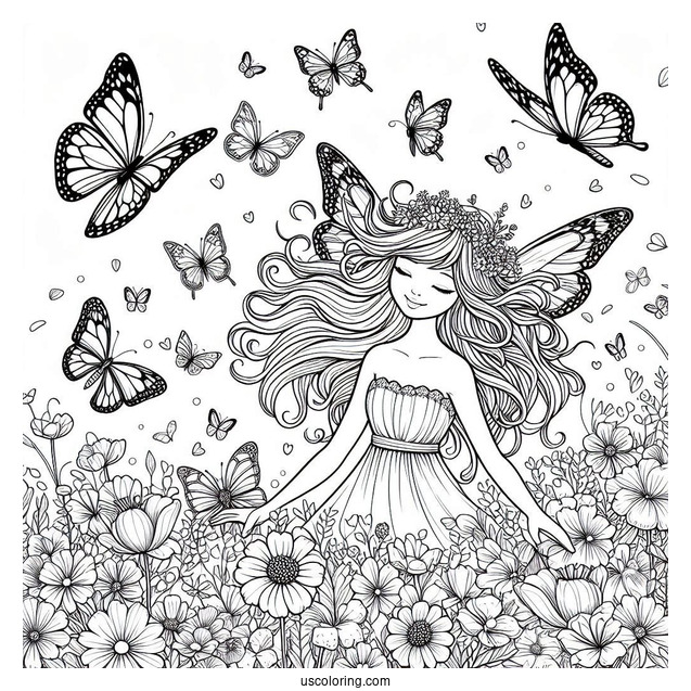 Beautiful Fairy Surrounded By Butterflies On A Flower Field
