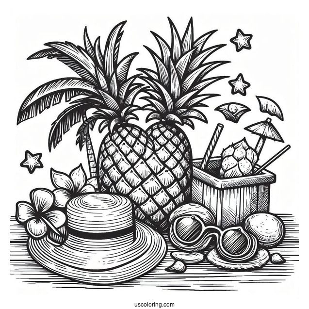 Summer Pineapple Coloring Page With Hat and Coconuts