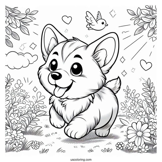Puppy Corgi Coloring Page Running In Garden