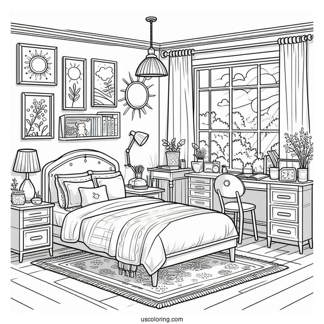 Sunny Bedroom Coloring Page With A Double Bed, Side Desks, Paintings, And Rugs