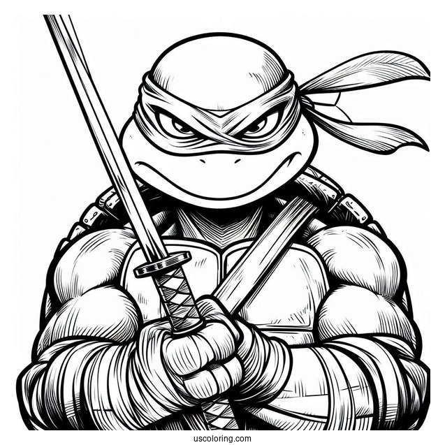 Ninja Turtles Coloring Page Of Leonardo Smirking While Holding Katana
