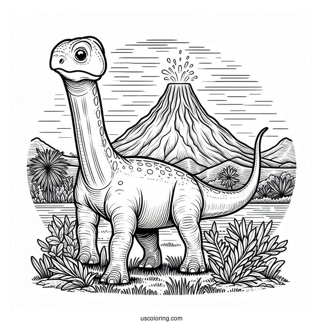 Parasaurolophus Coloring Page Standing In Front Of Volcano