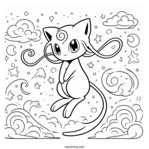 Mew Coloring Page Floating In The Sky With Stars