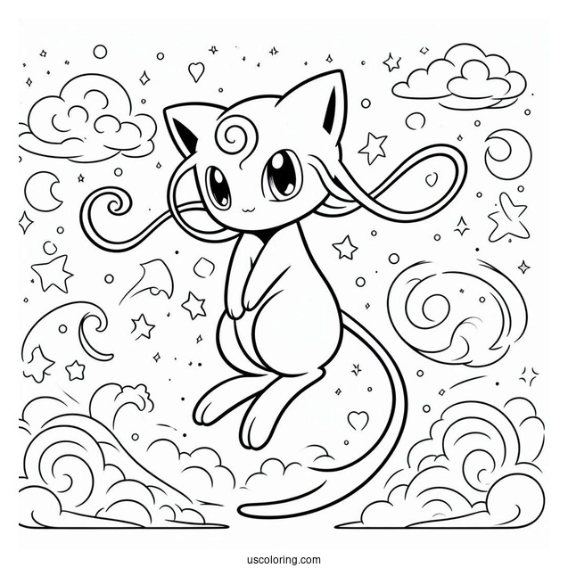 Mew Coloring Page Floating In The Sky With Stars