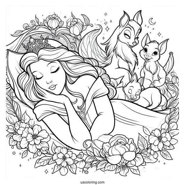 Sleeping Beauty Coloring Page Of Fairy Godmothers Flora, Fauna, And Merryweather Beside Sleeping Beauty