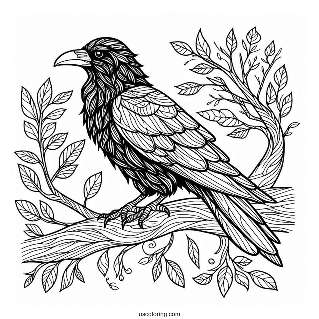 Raven Coloring Page Wearing A Cape While Perched On A Tree
