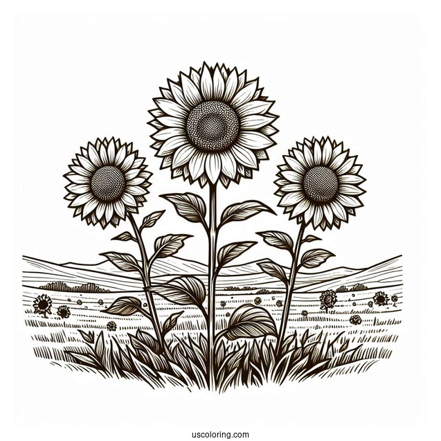 Three Sunflowers In Field Coloring