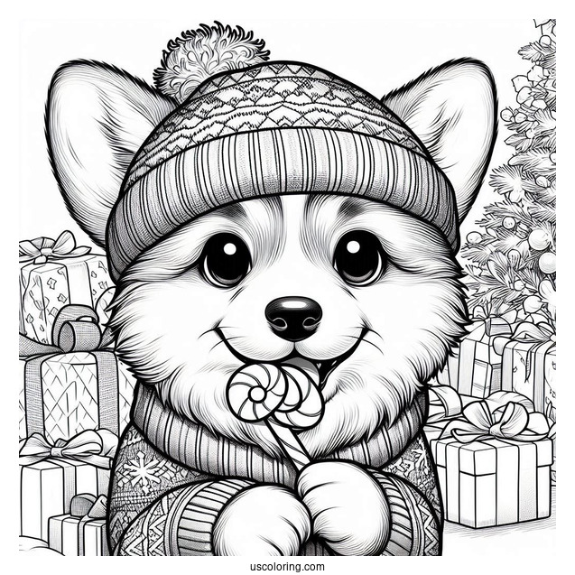 Christmas Coloring Pages For Adults Of Cute Corgi In Sweater Biting A Treat Christmas Coloring Page