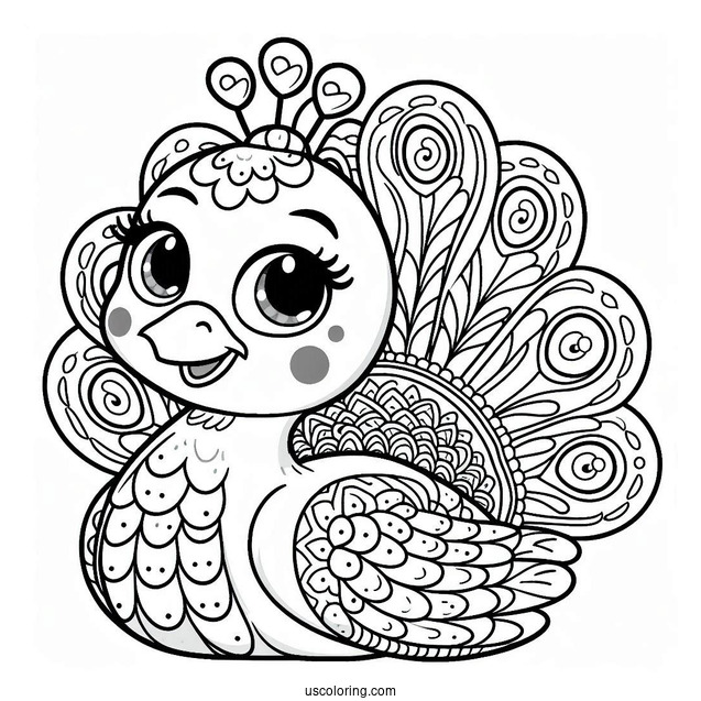 Smiling Cartoon Peacock Coloring Sheet