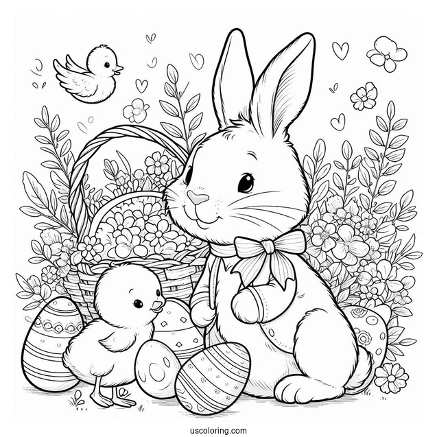 Peter Rabbit Coloring Page With Easter Eggs And Ducklings