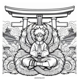 Naruto Coloring Page Of Detailed Kurama Nine Tails In Front Of Torii