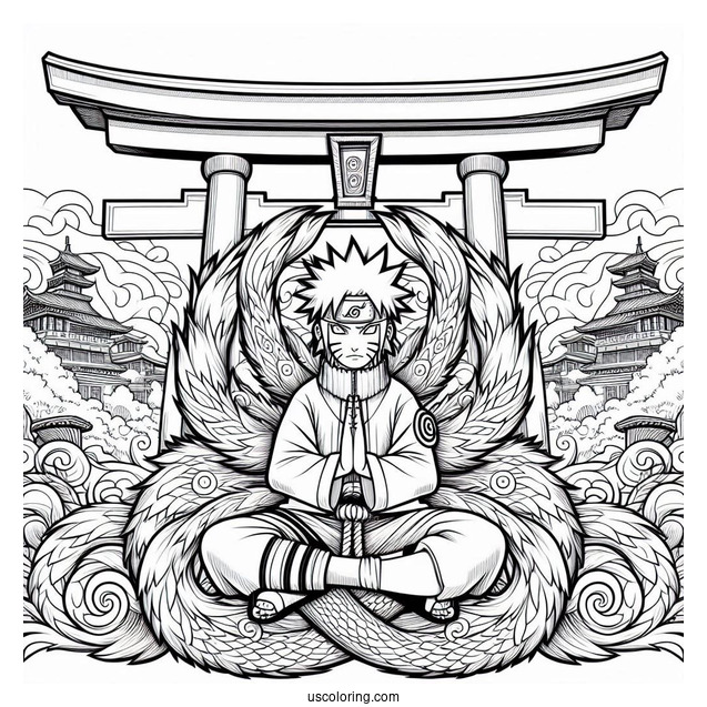 Naruto Coloring Page Of Detailed Kurama Nine Tails In Front Of Torii