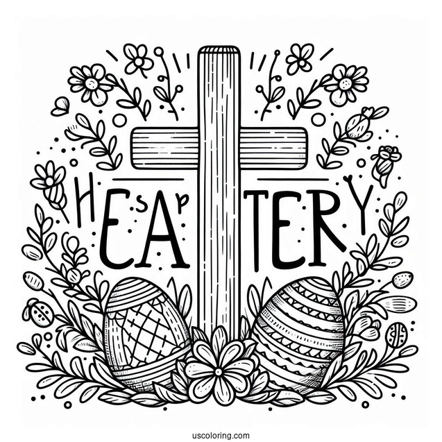 Happy Easter Words With Cross Coloring Page For Kids