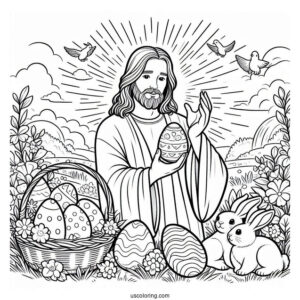 Jesus Holding An Easter Coloring Page Of Egg While Surrounded By Bunnies