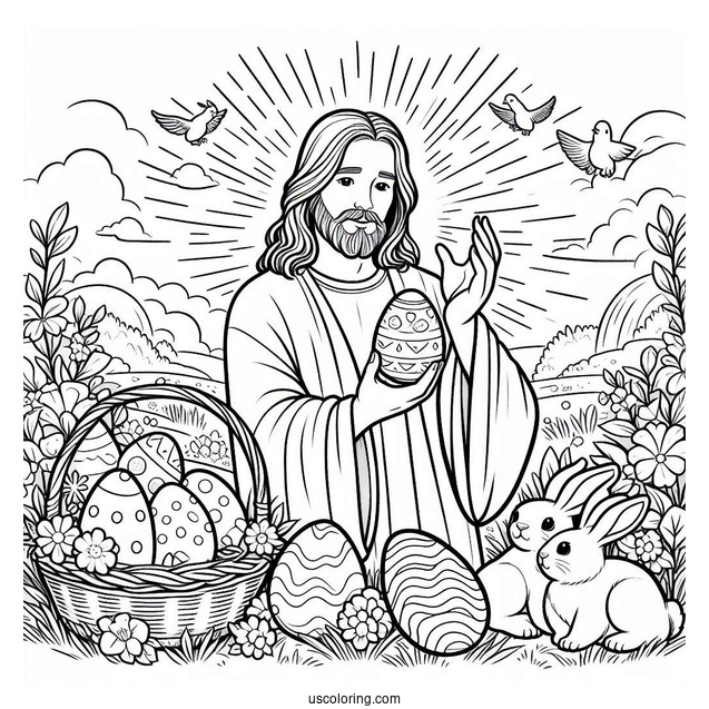 Jesus Holding An Easter Coloring Page Of Egg While Surrounded By Bunnies