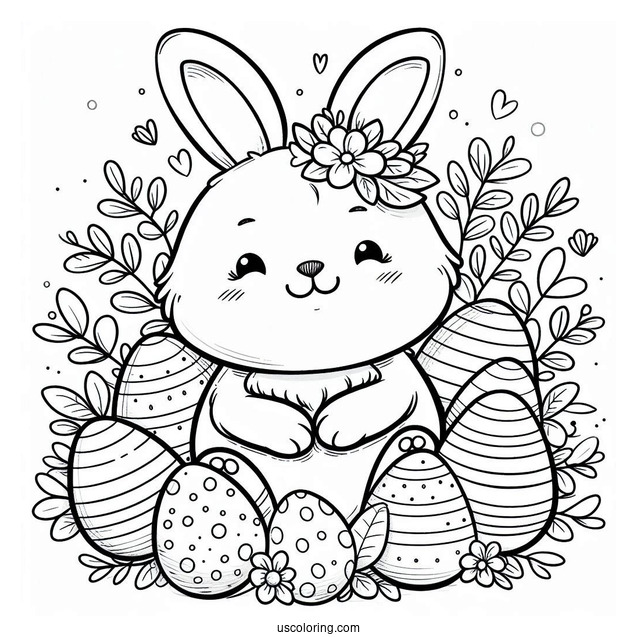 Cute Easter Bunny Coloring Page Surrounded By Eggs