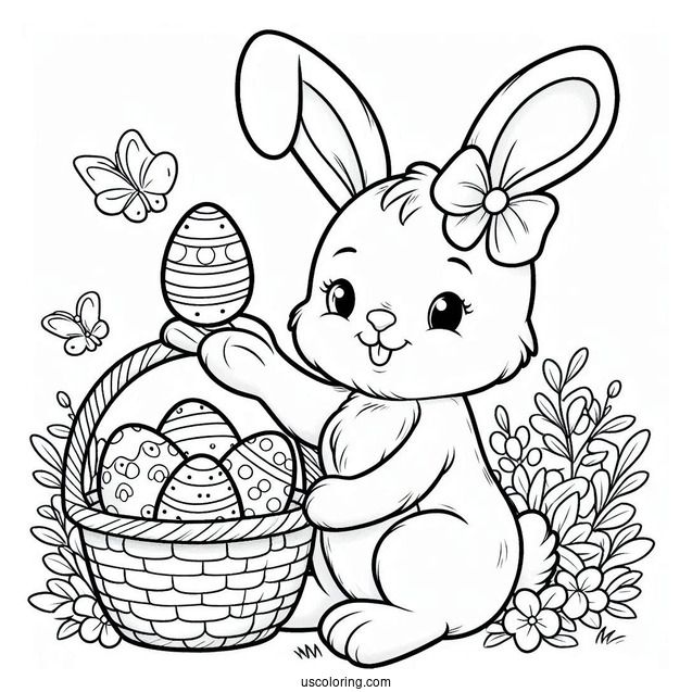 Easter Bunny Coloring Page Carrying Basket With Eggs For Kids