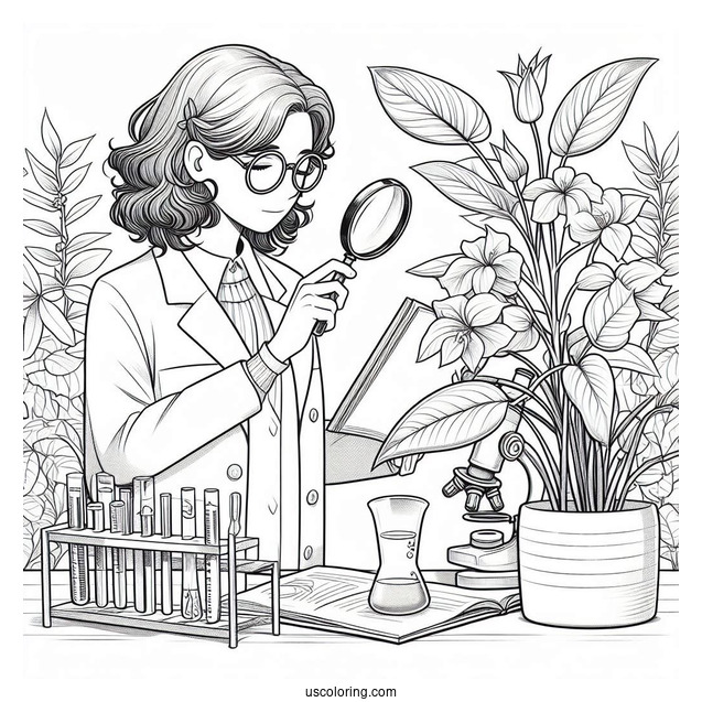 Science Coloring Page Of Scientist Studying A Plant With A Magnifying Glass