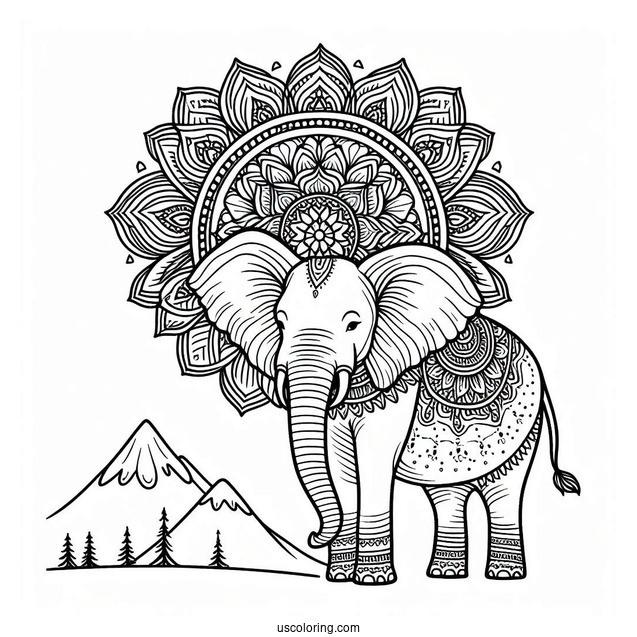 Mandala Elephant Standing Next To Mountain