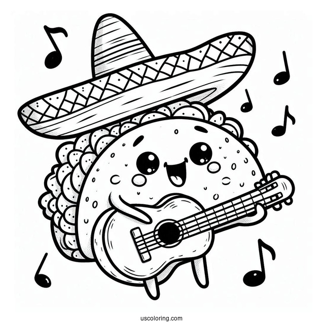 Singing Taco With A Sombrero And A Guitar Coloring Sheet