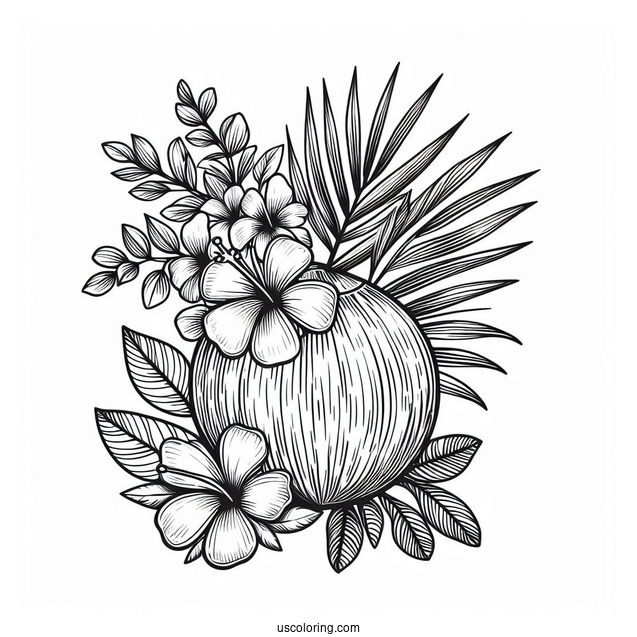 Full Page Flowers And Coconut Coloring Page
