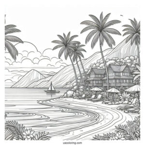 Simple Beach Landscape Coloring Sheet