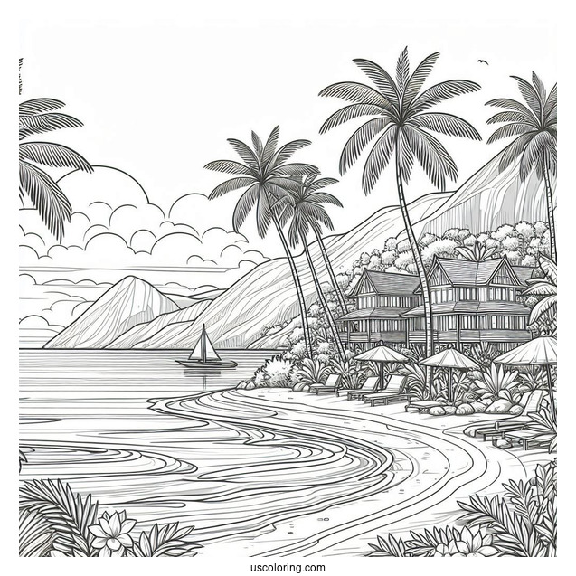Simple Beach Landscape Coloring Sheet