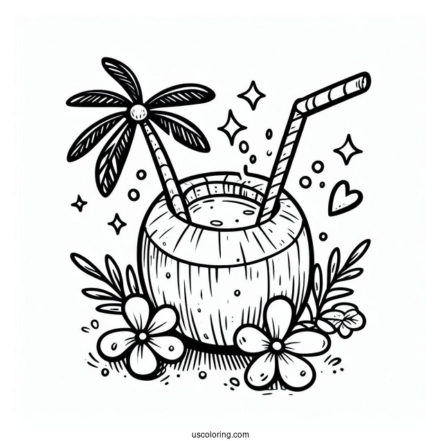 Summer Coloring Page Of Easy Coconut Drink With A Flower For Kids