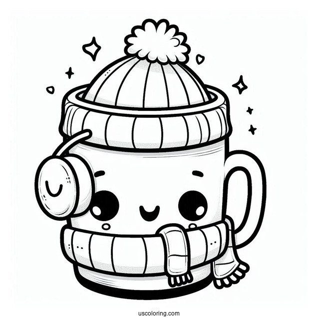 Cartoon Coffee Coloring Pages Of Cup Wearing Scarf And Ear Muffs