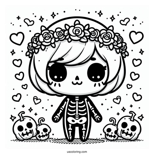 Chibi Skeleton Coloring Page For Preschoolers