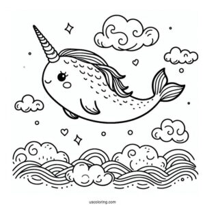 Narwhal Coloring Page With Pretty Mane In The Clouds For Kids