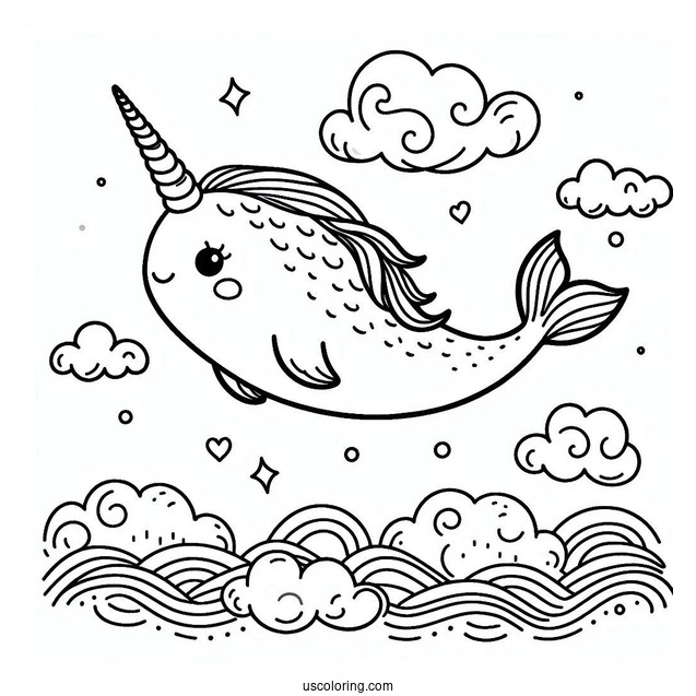Narwhal Coloring Page With Pretty Mane In The Clouds For Kids