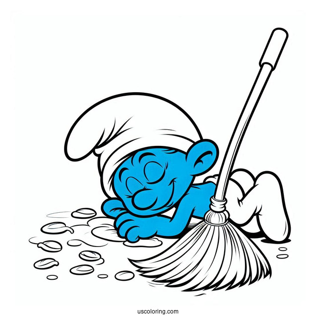 Lazy Smurf Napping While Sweeping Floor