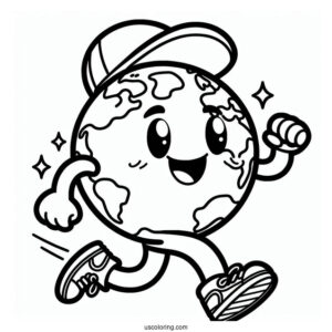Cartoon Earth Running Coloring Page For Kids